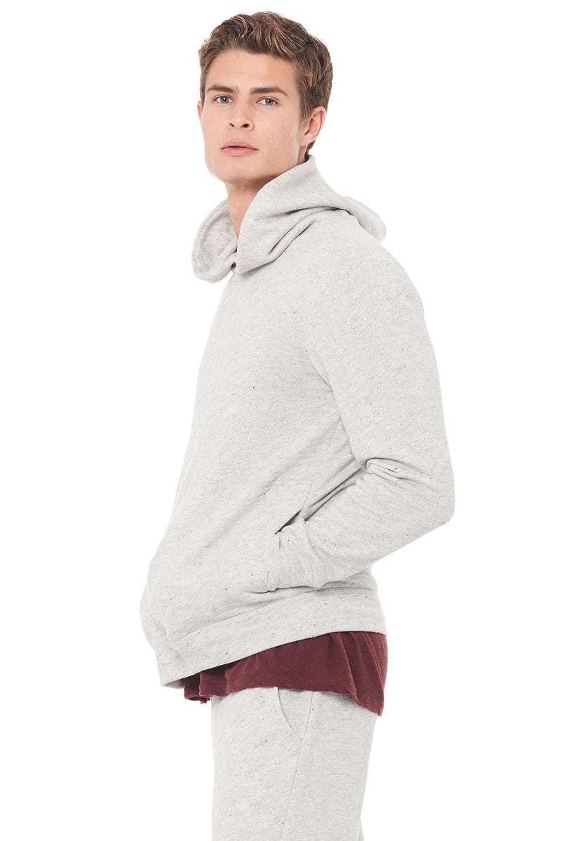 Detail view of the neckline area on the men's light heather grey pullover hoodie showing crew neck rib construction