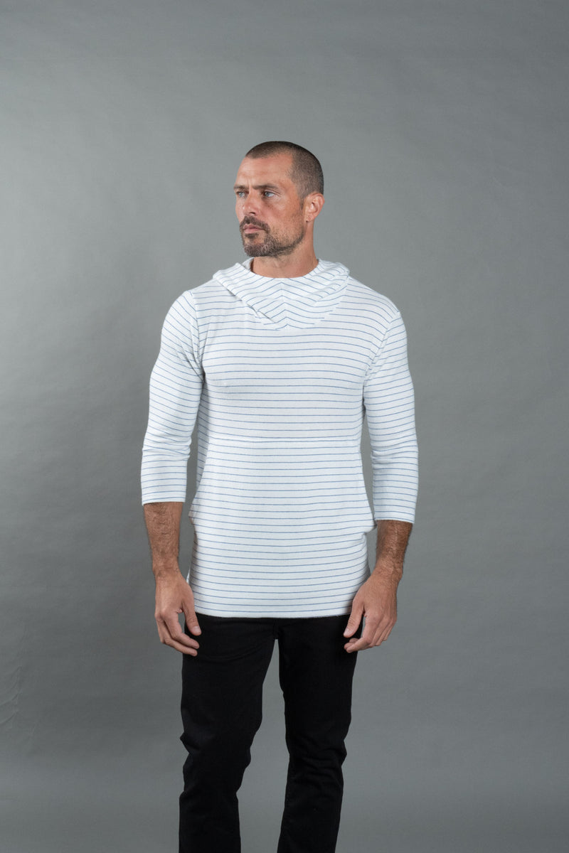 Men's 3/4 Sleeve Cowl Neck Visor Hoodie - White & Navy Thin Stripe — Default