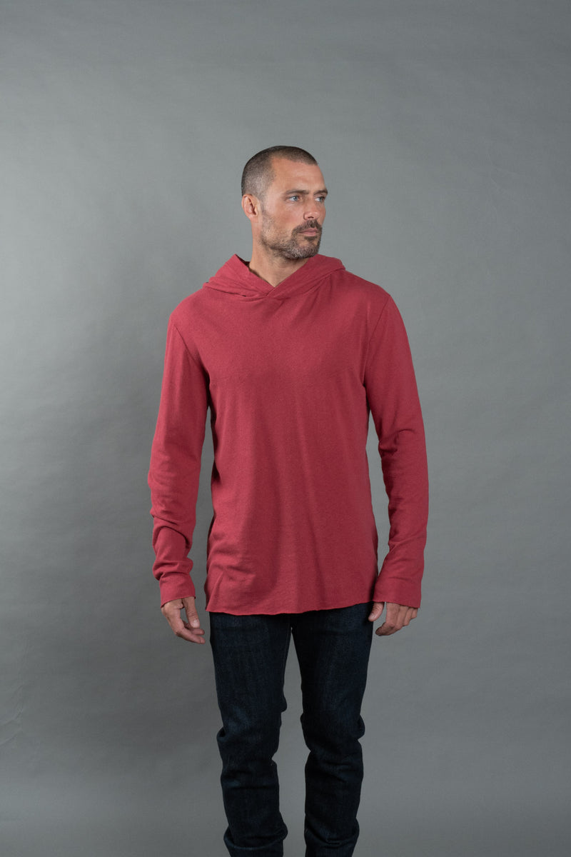 Men's Linen Blend Long Sleeve Hoodie — Burnt Red