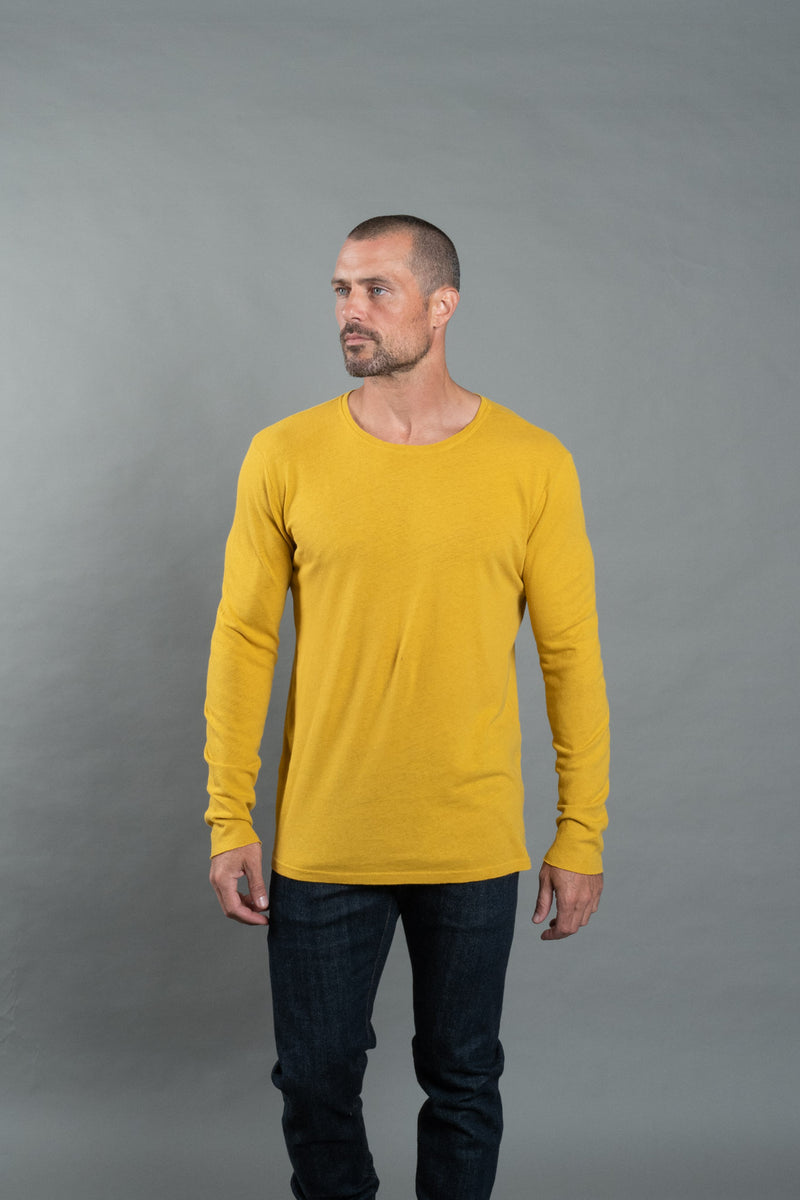 Men's Linen Blend Crew Neck Long Sleeve — Mustard