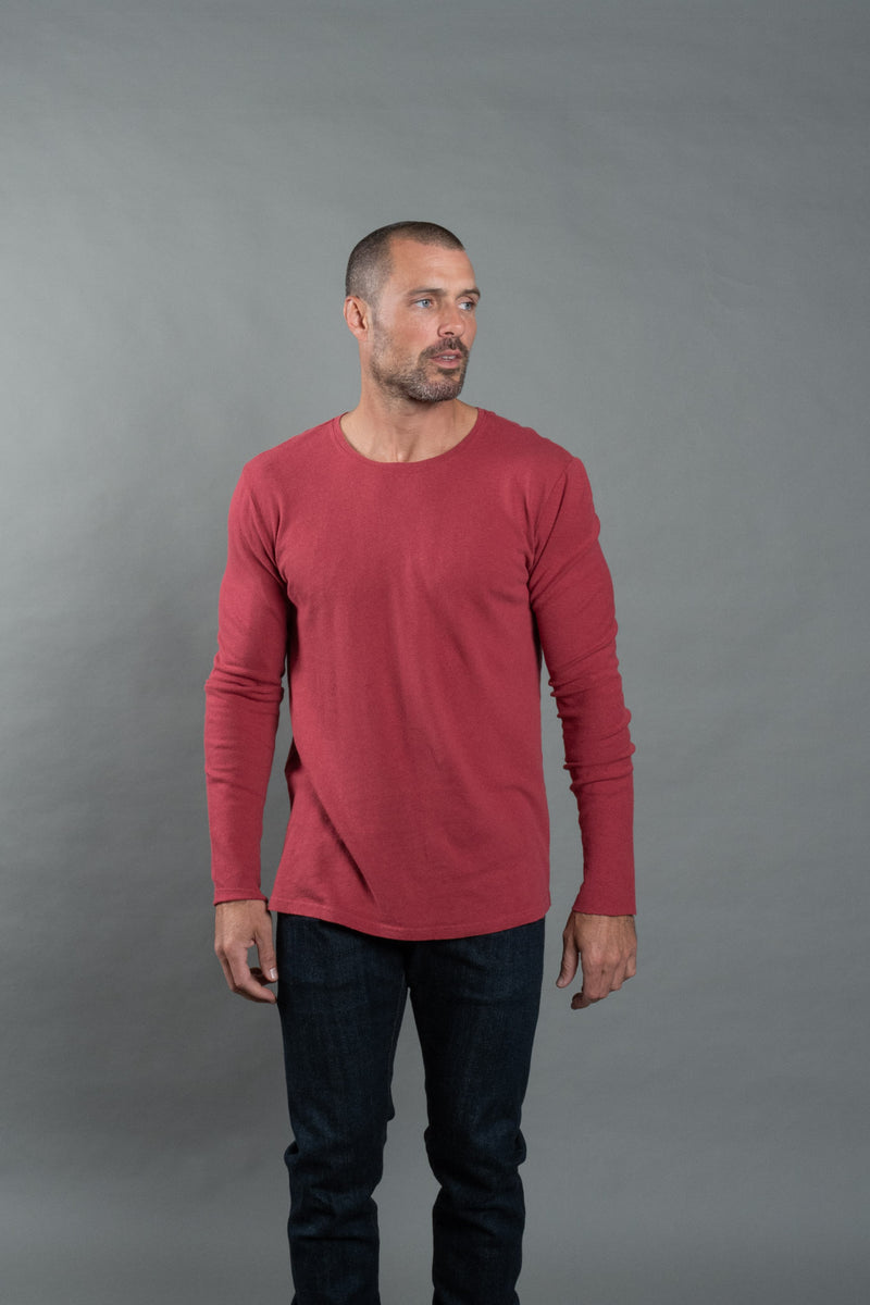 Men's Linen Blend Crew Neck Long Sleeve — Burnt Red