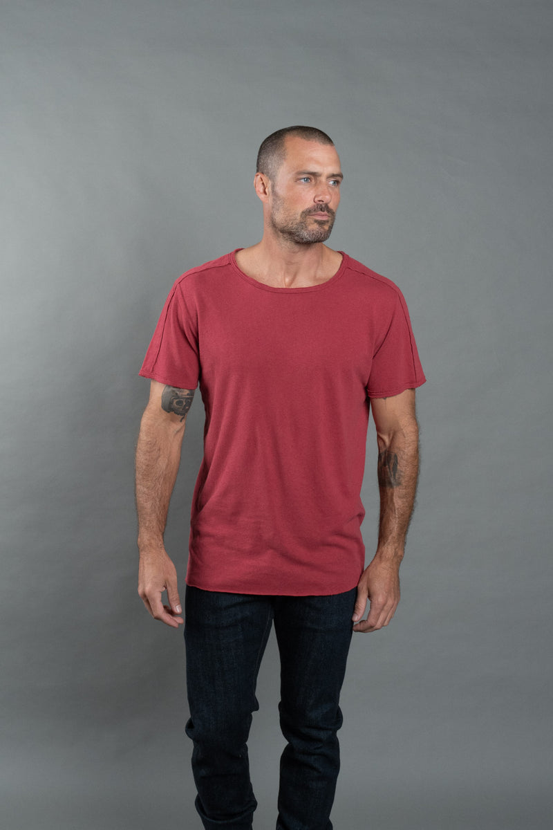 Men's Cotton Linen Patch Sleeve Tee — Burnt Red