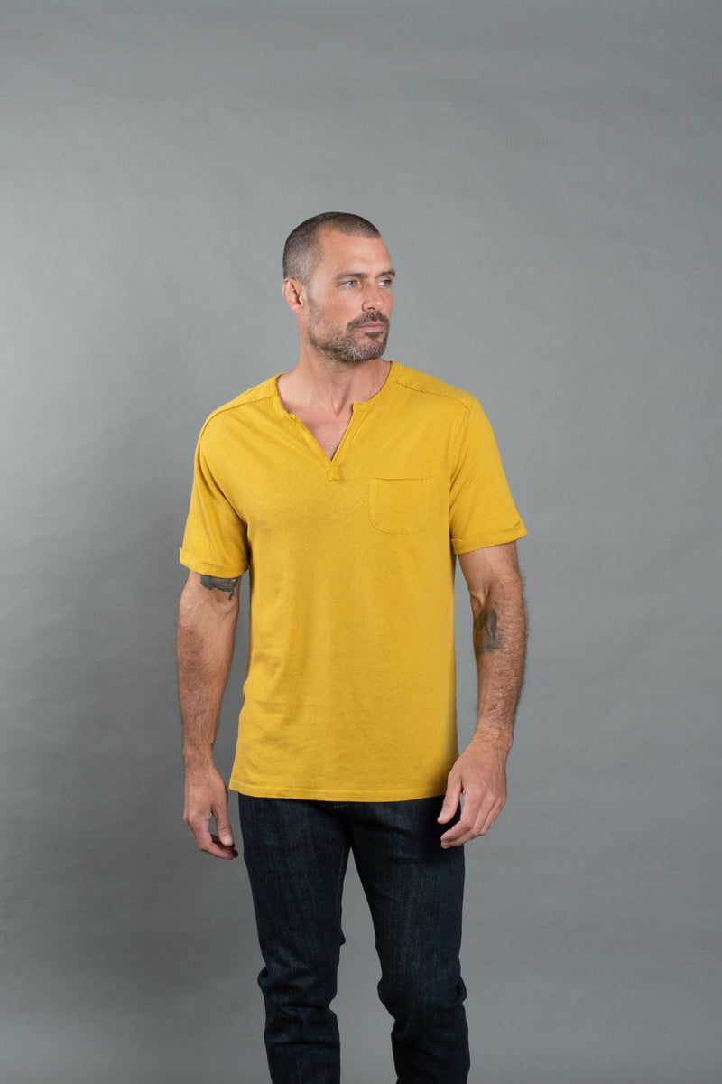 Men's Linen Blend Raw Edge Split V-Neck Tee — Mustard