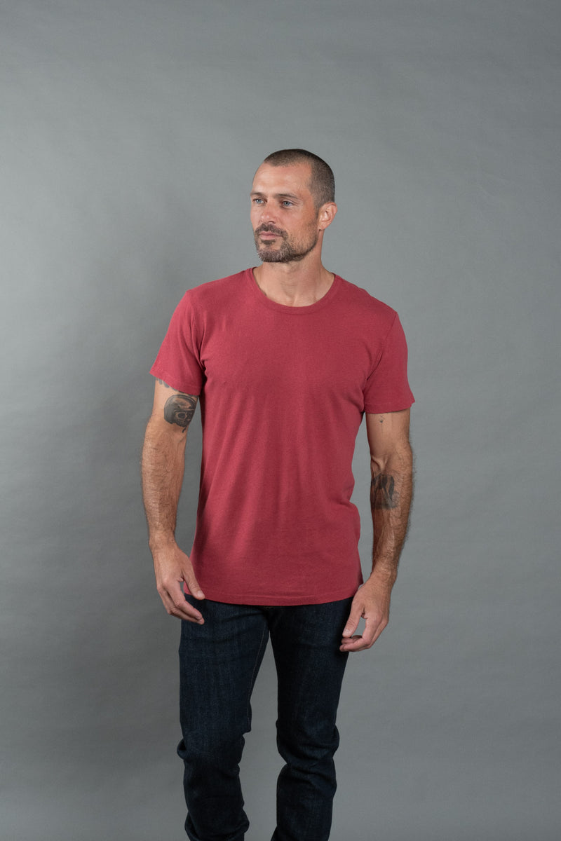 Men's Linen Blend Wide Neck Band Tee — Burnt Red