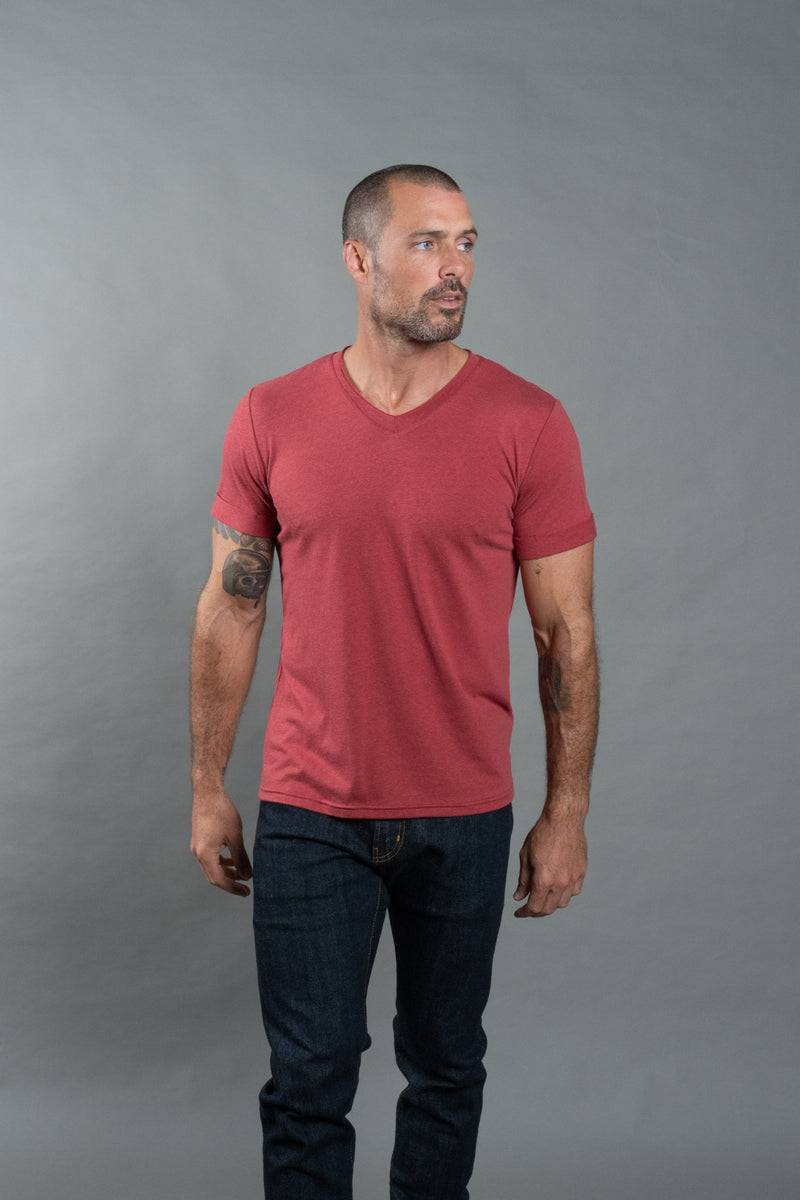 Men's Tri-Blend Stitch Sleeve V-Neck Tee — Burnt Red