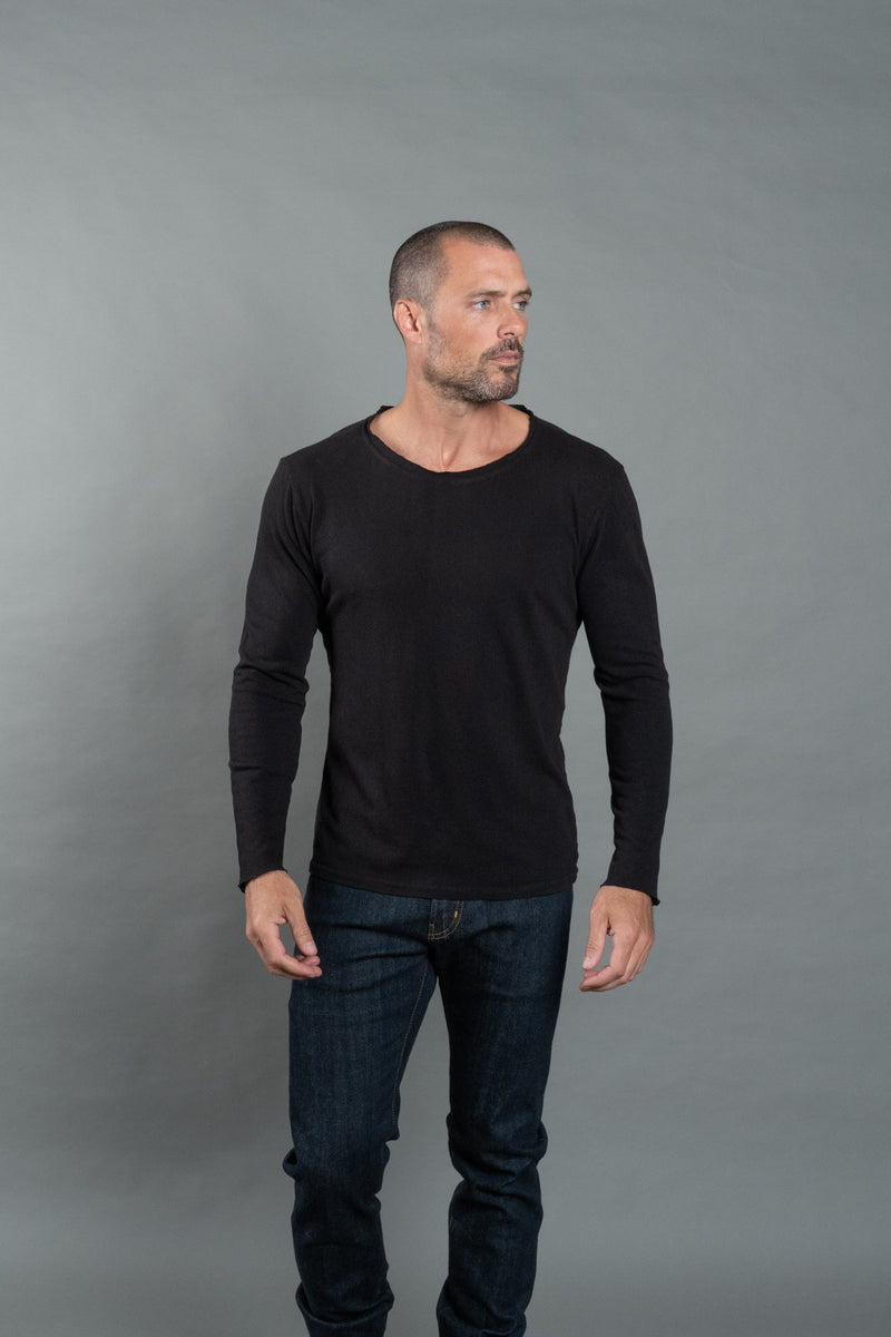 Men's Wallace Raw Neck Cotton Linen Long Sleeve Crew Tee — Black