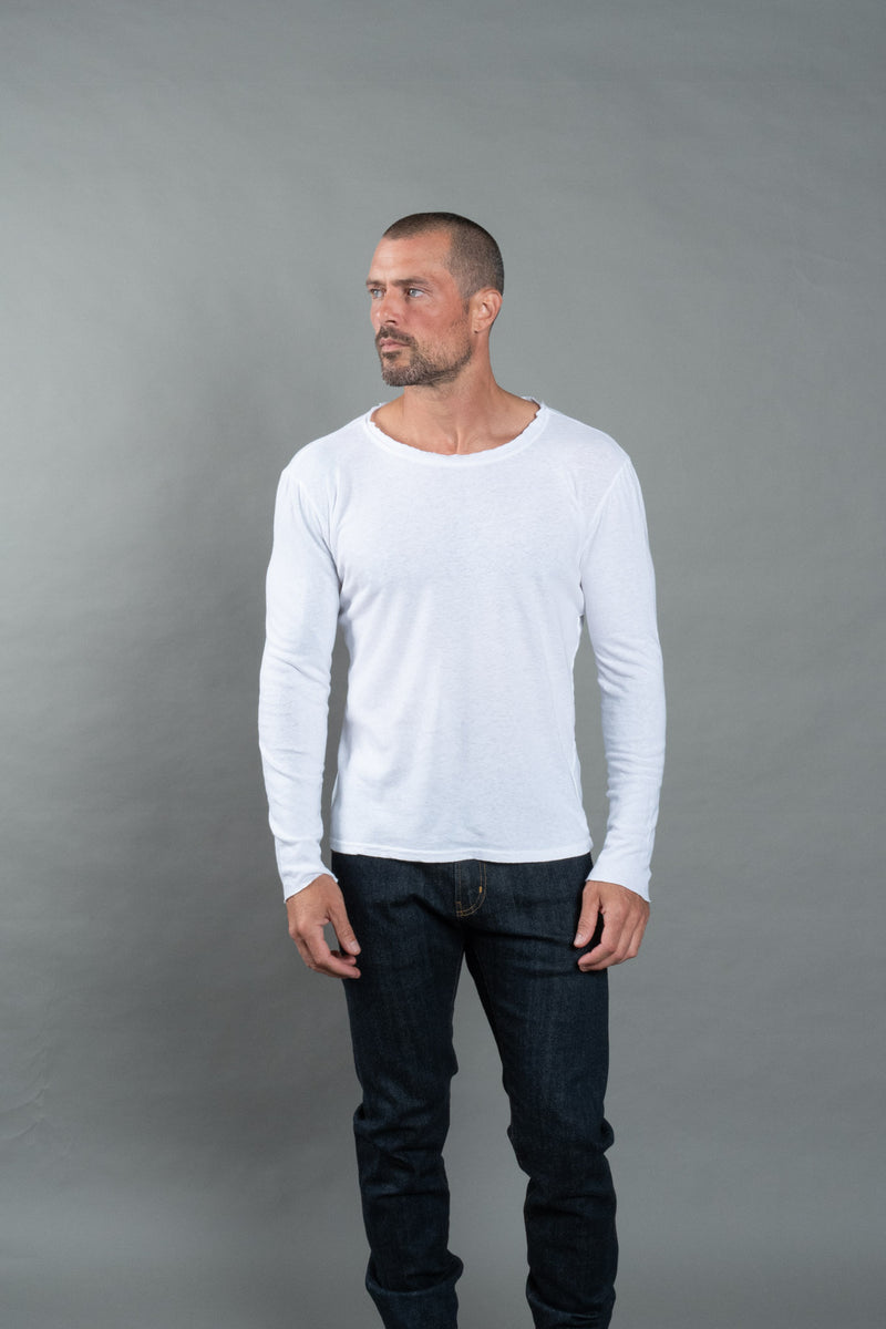 Men's Wallace Raw Neck Cotton Linen Long Sleeve Crew Tee — White