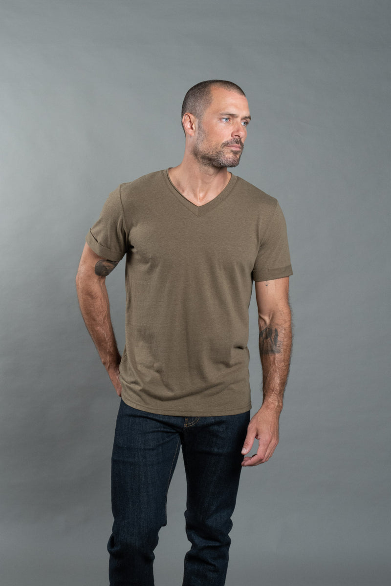Men's Tri-Blend Stitch Sleeve V-Neck Tee — Herb