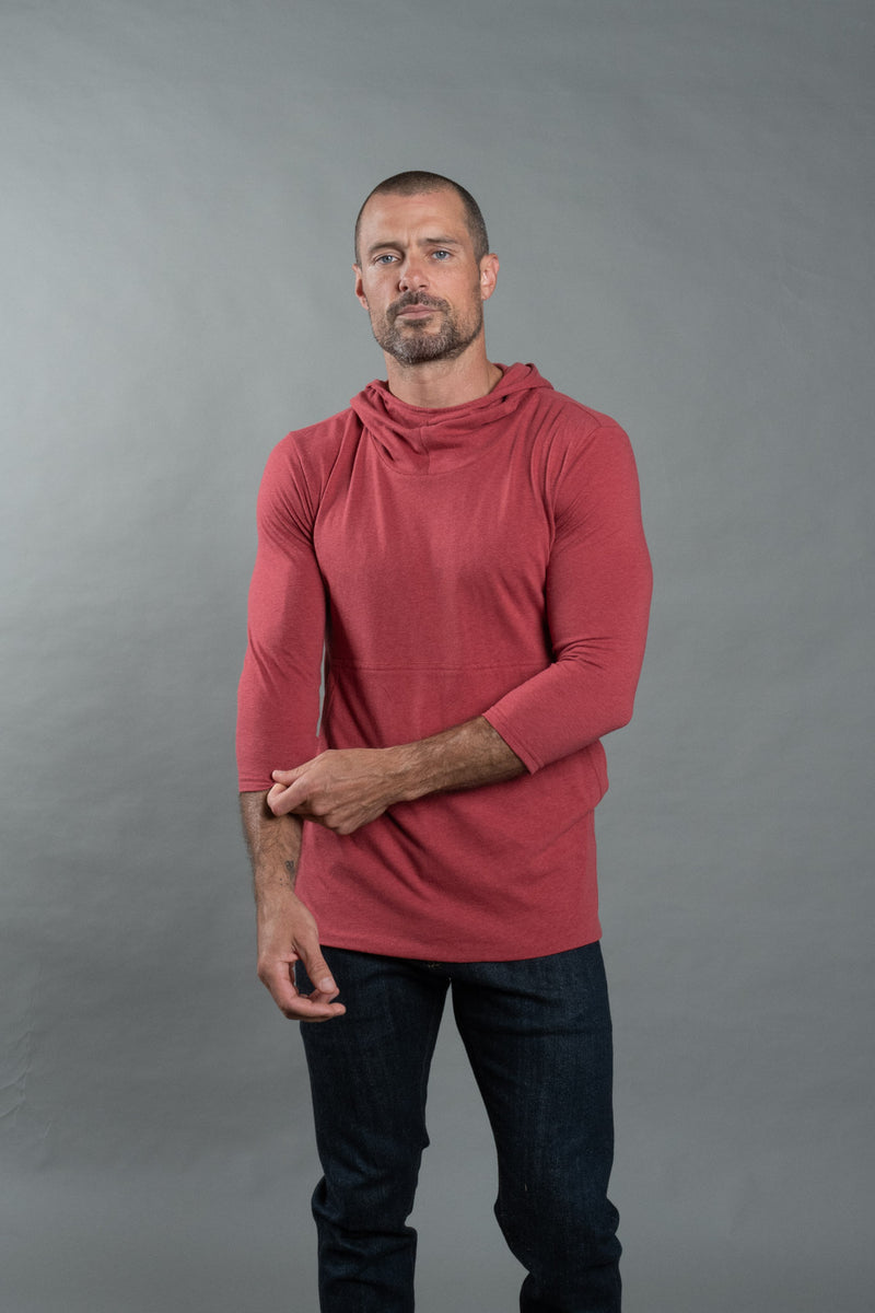 Men's 3/4 Sleeve Cowl Neck Visor Hoodie — Burnt Red