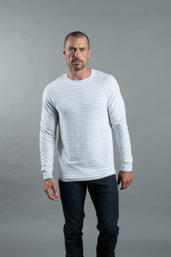 Men's Pullover Sweater - White & Navy Thin Stripe