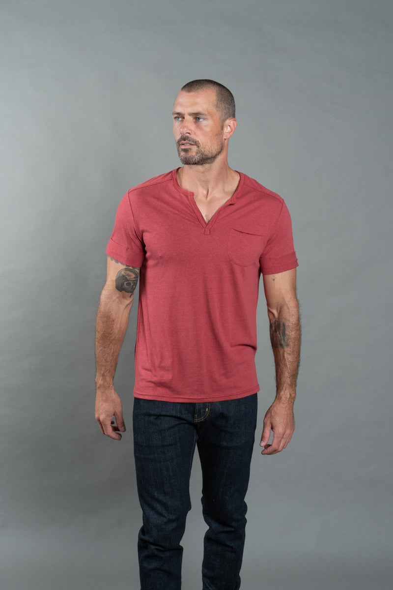 Men's Jersey Raw Neck Curved Pocket Tee — Burnt Red