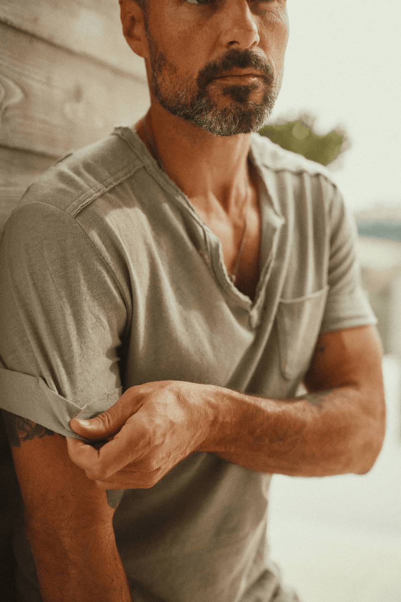 Men's Linen Blend Raw Edge Split V-Neck Tee – Mika Jaymes