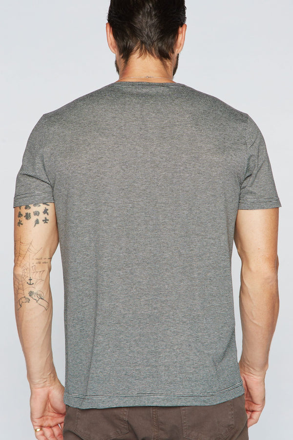 Men's Cross V-Neck Stripe Tee - Black / White Mini Stripe