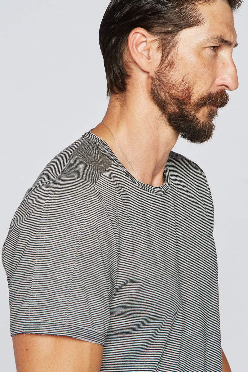 Men's Raw Edge Patch Sleeve Stripe Tee - Black / White Mini Stripe — Default