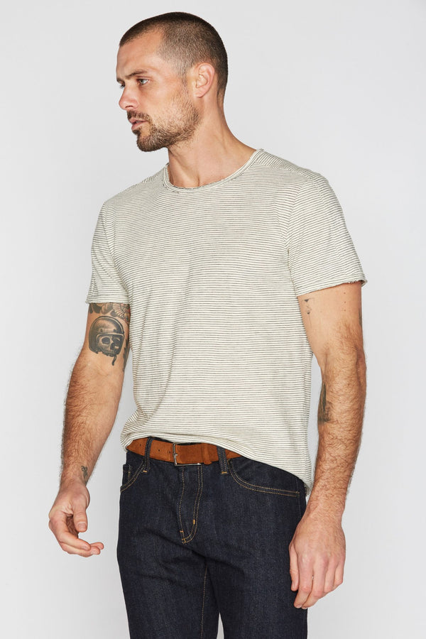 Men's Raw Edge Patch Sleeve Stripe Tee - Ivory / Black
