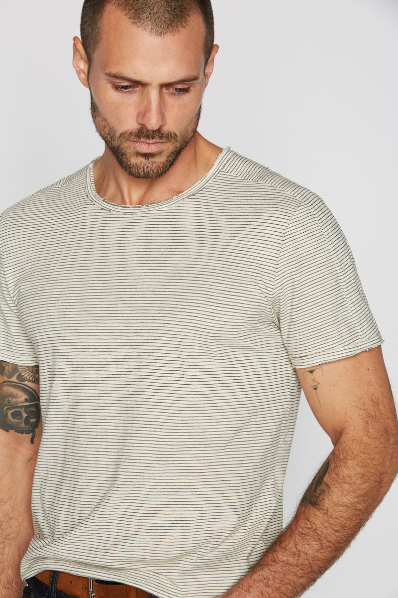 Men's Raw Edge Patch Sleeve Stripe Tee — Ivory/Black