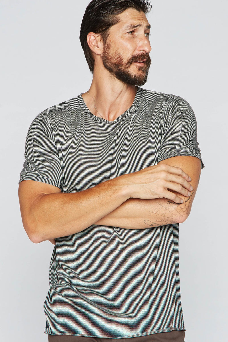 Men's Raw Edge Patch Sleeve Stripe Tee — Black/White Mini Stripe