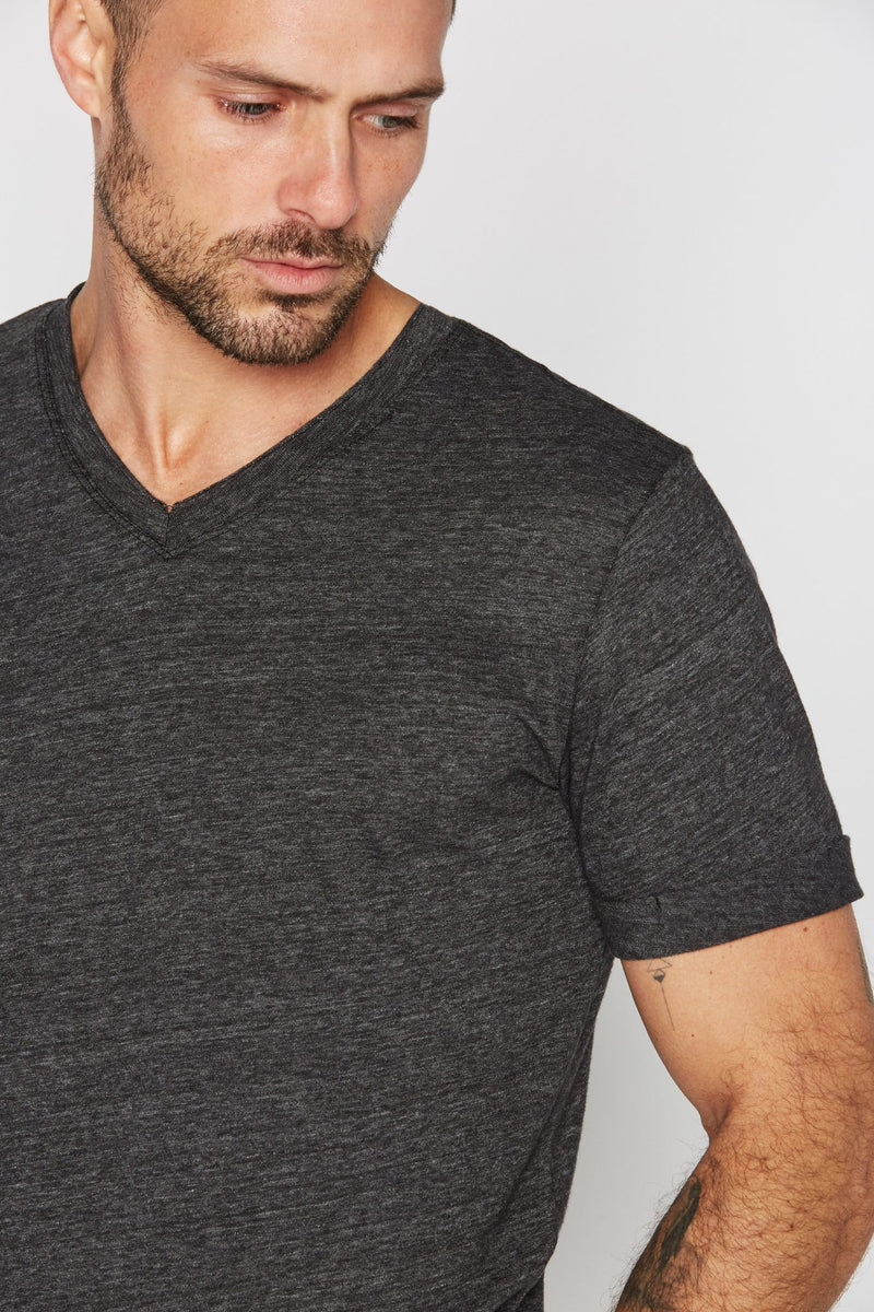 Men's Tri-Blend Stitch Sleeve V-Neck Tee — Charcoal Black