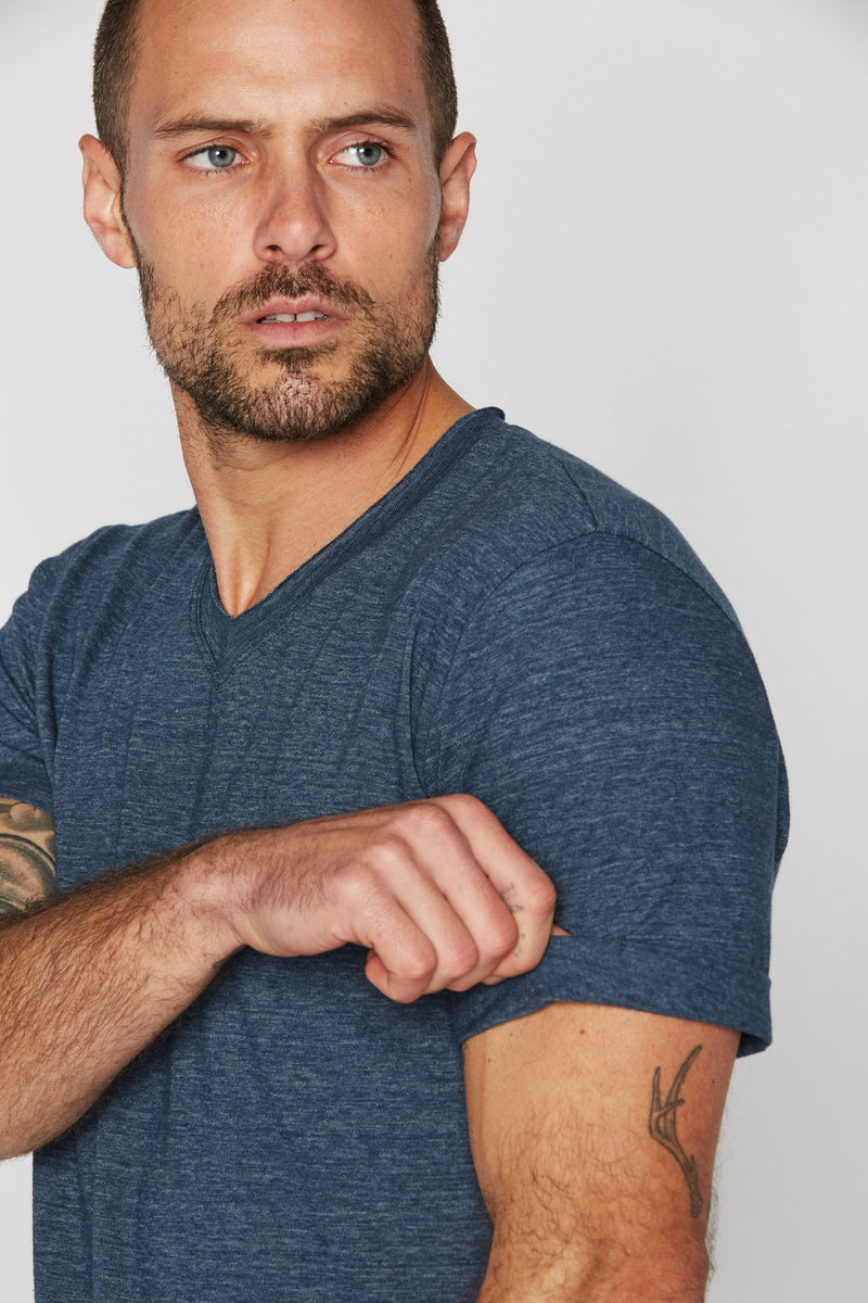 Men's Tri-Blend Stitch Sleeve V-Neck Tee — Heather Blue