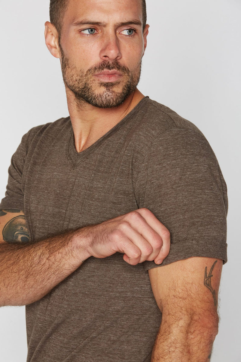 Men's Tri-Blend Stitch Sleeve V-Neck Tee — Brown