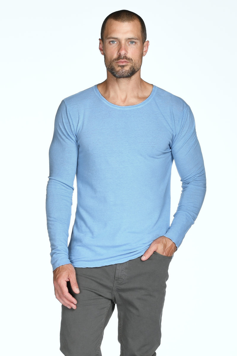 Men's Linen Blend Crew Neck Long Sleeve — Sky