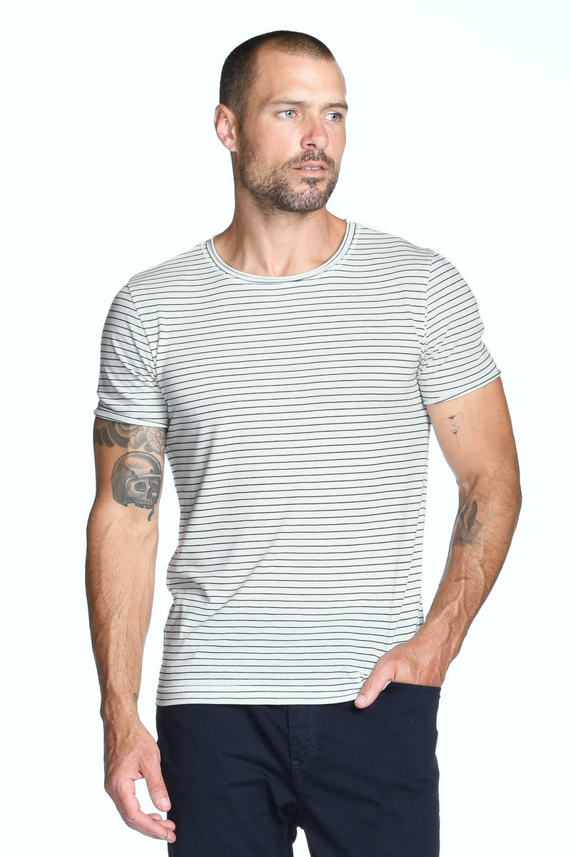 Men's Brolin Raw Neck Crew Stripe Tee — White/Black