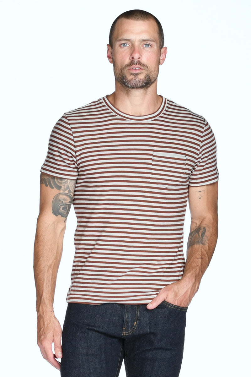 Men's V-Pocket Stripe Tee — Rust/Ivory
