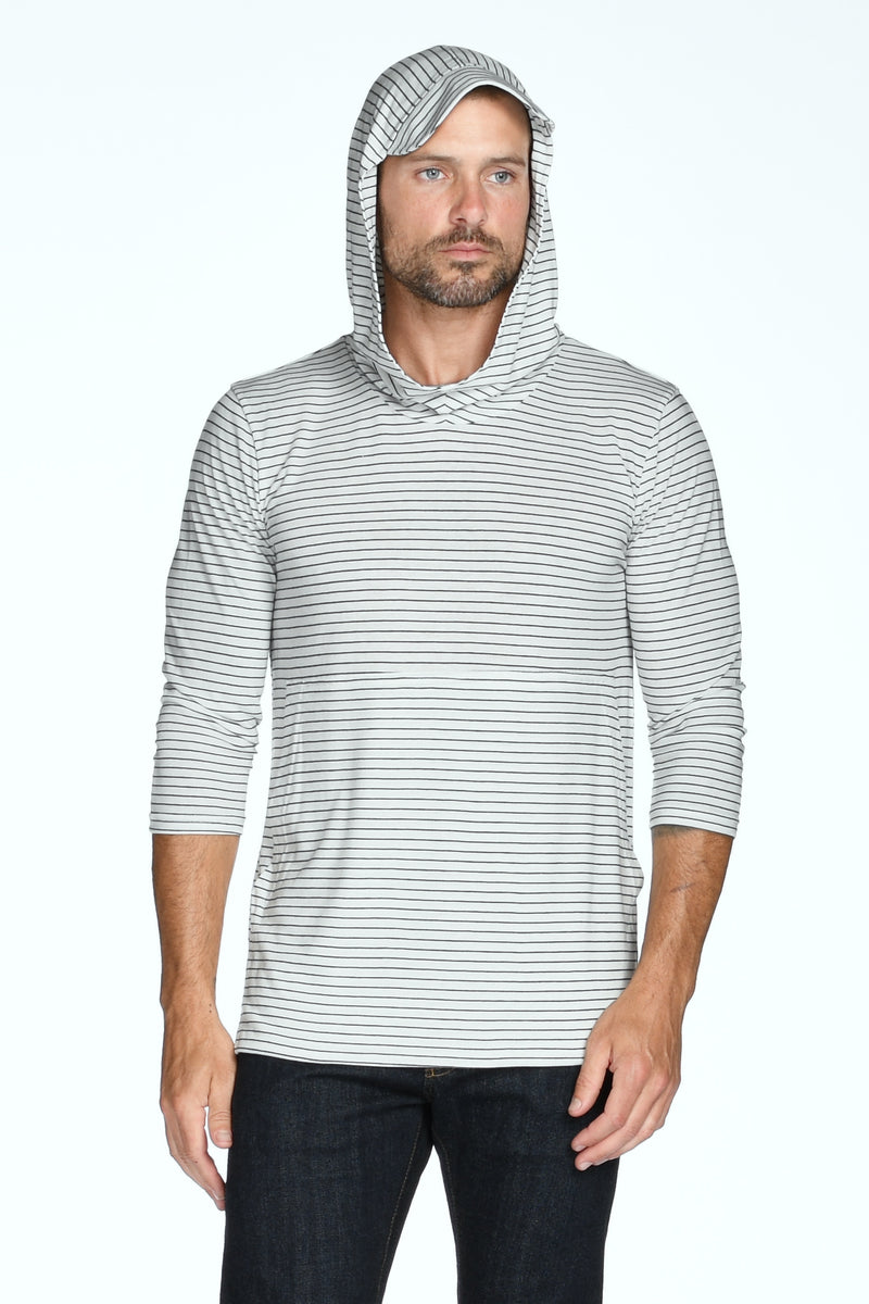 Men's 3/4 Sleeve Cowl Neck Visor Stripe Hoodie — White/Black