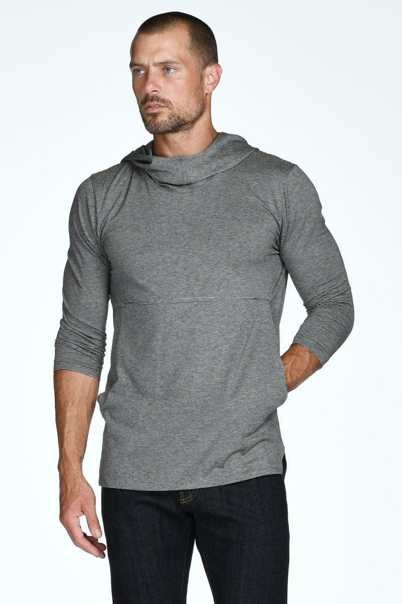 Men's 3/4 Sleeve Cowl Neck Visor Stripe Hoodie — Black/White Mini Stripe
