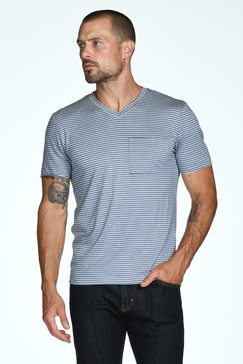 Men's Princeton Wide Pocket V-Neck Stripe Tee — Blue/White