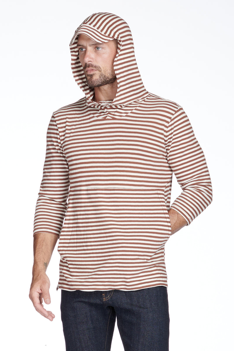 Men's 3/4 Sleeve Cowl Neck Visor Stripe Hoodie — Rust/Ivory