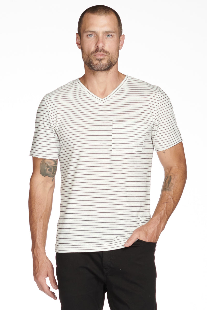 Men's Princeton Wide Pocket V-Neck Stripe Tee — White/Black