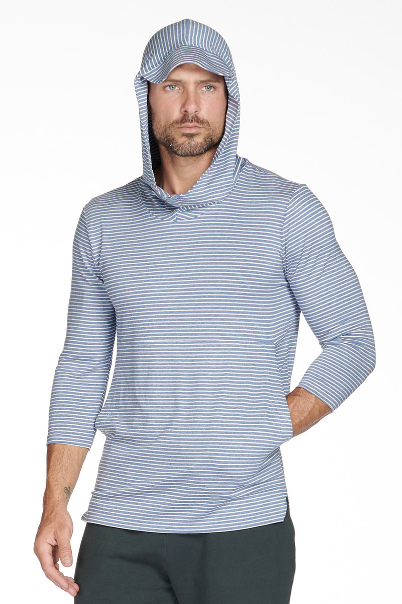 Men's 3/4 Sleeve Cowl Neck Visor Stripe Hoodie — Blue/White