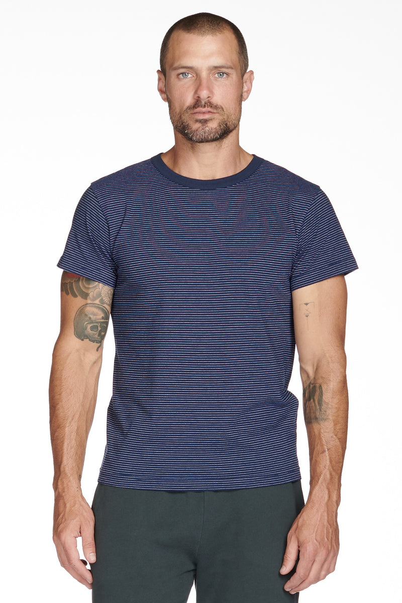 Men's Relaxed Contrast Crew Neck Stripe Tee — Navy/White