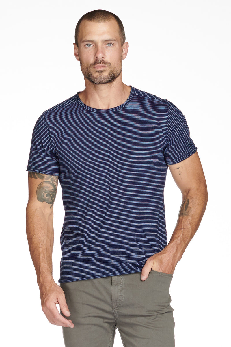 Men's Raw Edge Patch Sleeve Stripe Tee — Navy/White