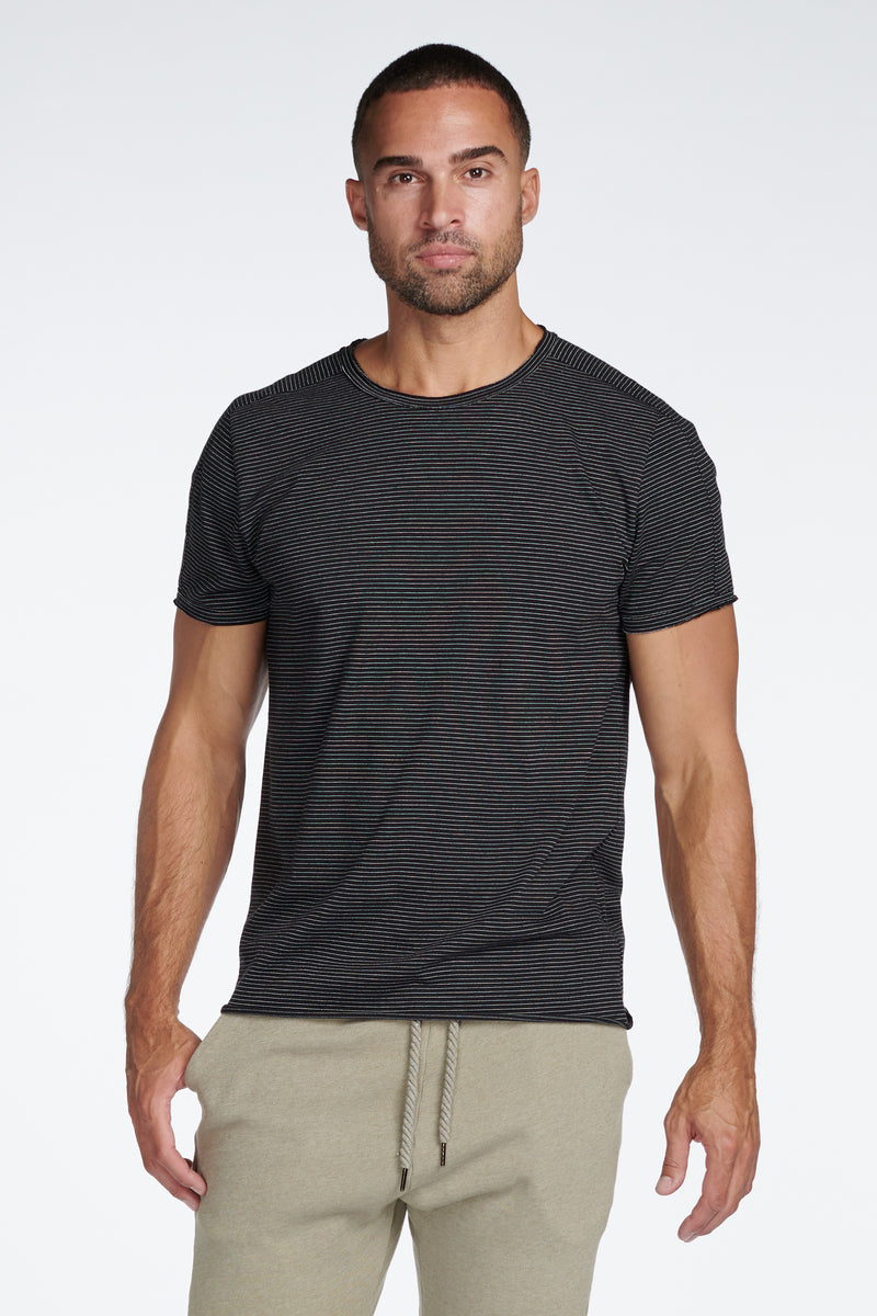 Men's Raw Edge Patch Sleeve Stripe Tee — Black/Ivory