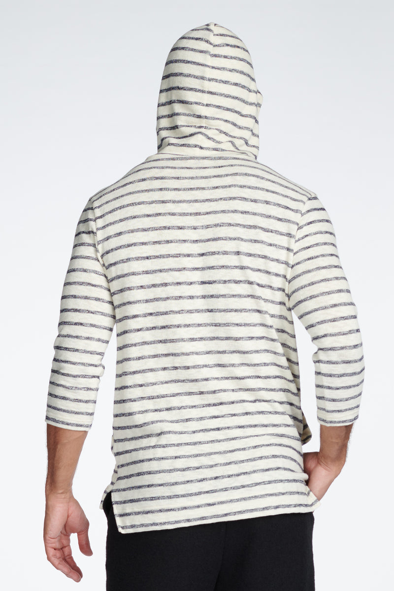 Men's Cambridge 3/4 Sleeve Cowl Neck Visor Hoodie Sweater -  Slub Jersey Navy/Cream Stripe