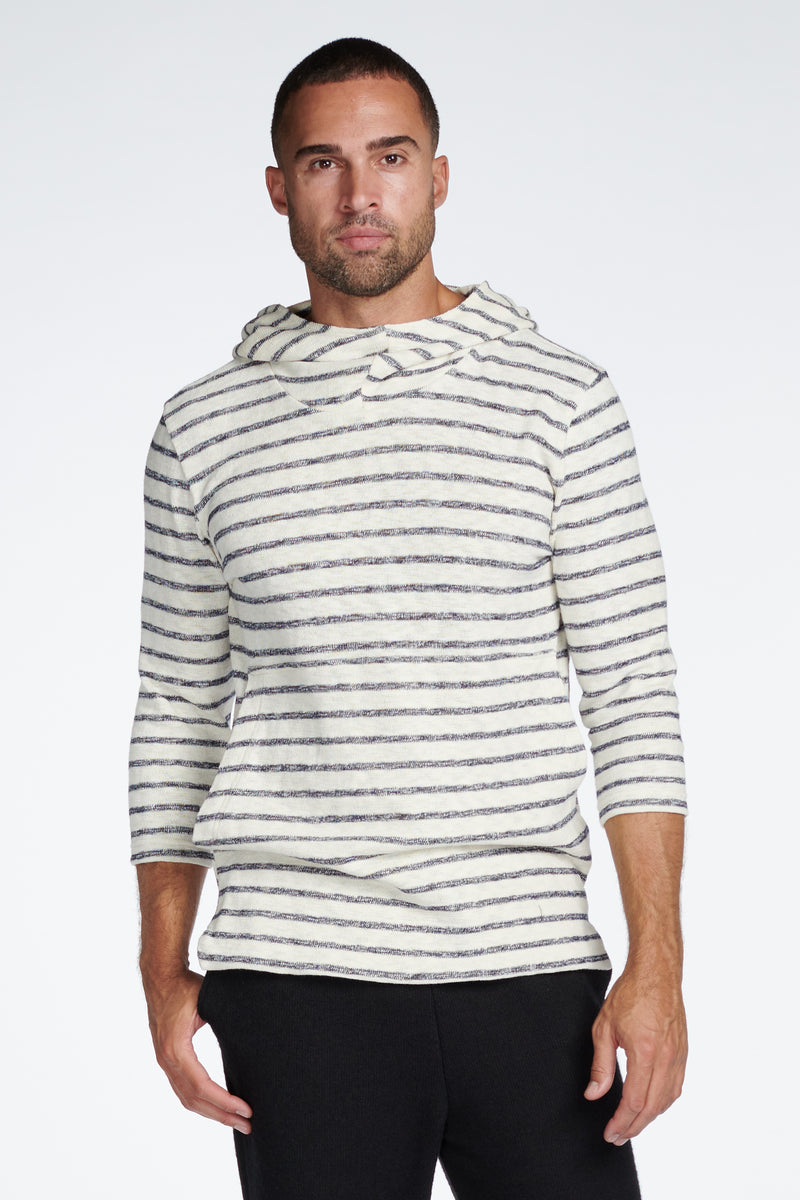 Men's Cambridge 3/4 Sleeve Cowl Neck Visor Hoodie Sweater -  Slub Jersey Navy/Cream Stripe