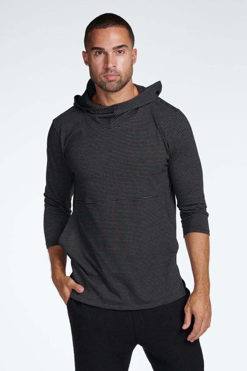 Men's 3/4 Sleeve Cowl Neck Visor Stripe Hoodie — Black/Ivory