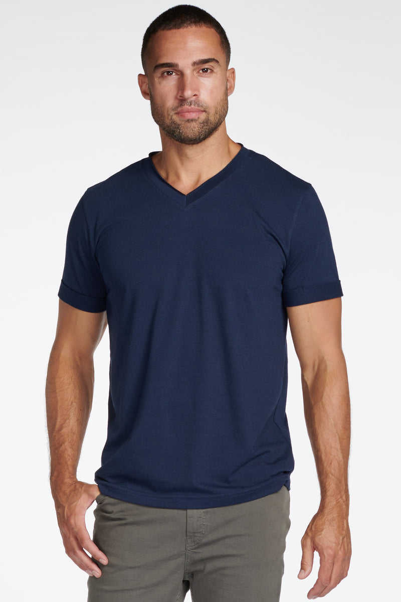 Men's Tri-Blend Stitch Sleeve V-Neck Tee — Navy