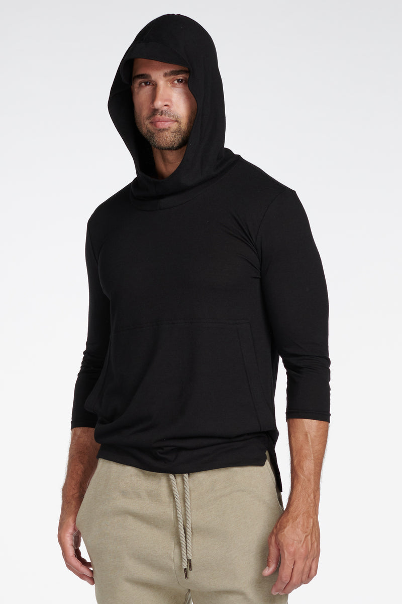 Men's 3/4 Sleeve Cowl Neck Visor Hoodie — Jet Black