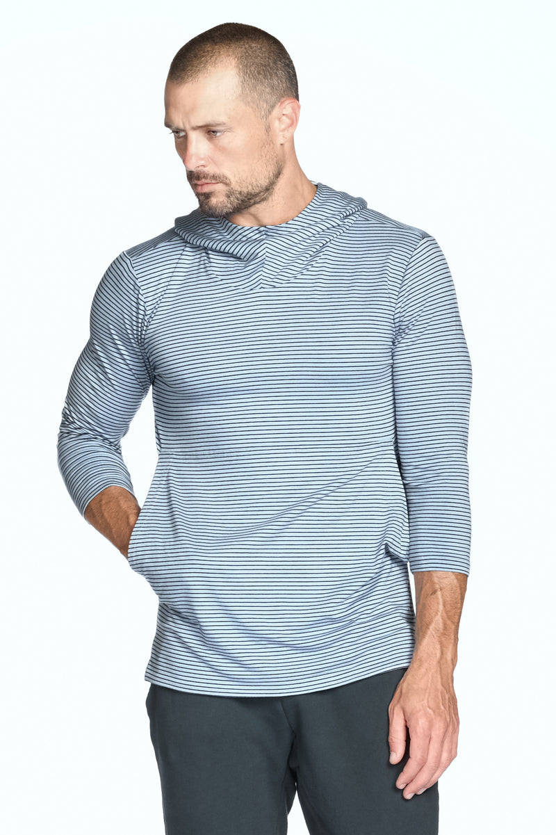 Men's 3/4 Sleeve Cowl Neck Visor Stripe Hoodie — Blue/Black