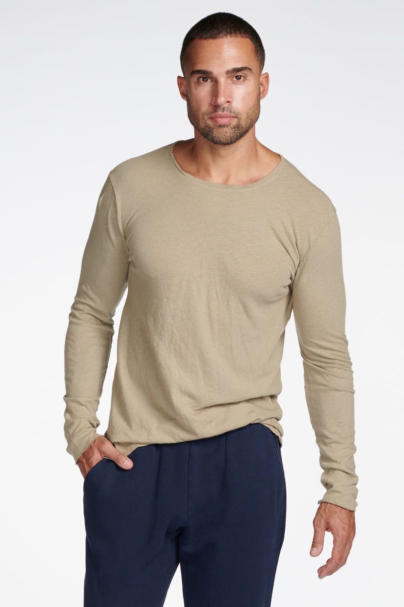 Men's Linen Blend Crew Neck Long Sleeve — Silver Mink