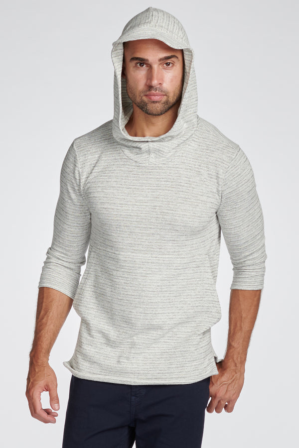 Men's Cambridge 3/4 Sleeve Cowl Neck Visor Hoodie Sweater - Light Grey Speck Stripe