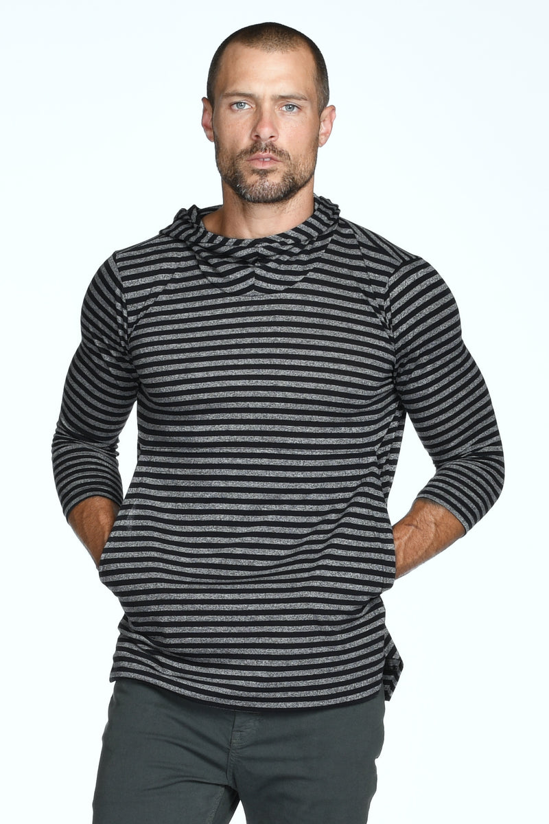 Men's 3/4 Sleeve Cowl Neck Visor Stripe Hoodie — Quarter Stripe