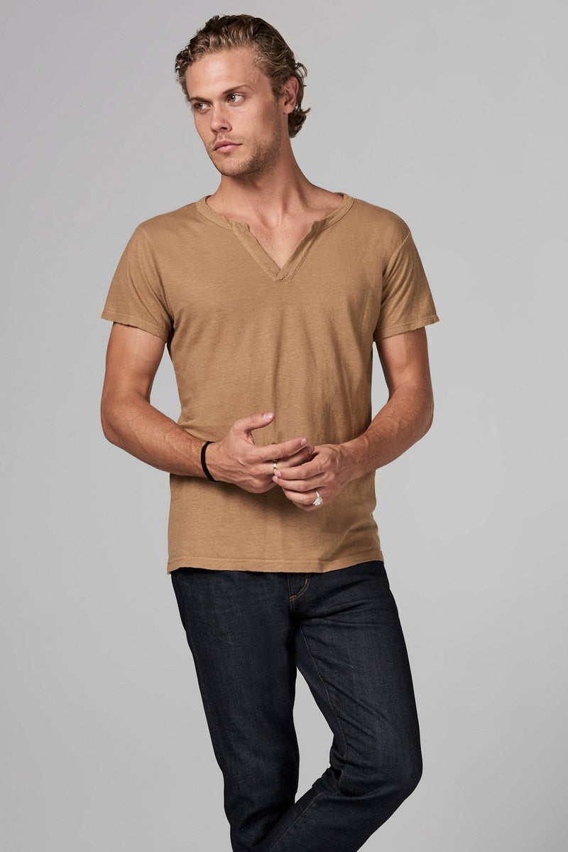 Men's Linen Blend Cross V-Neck Tee — Camel