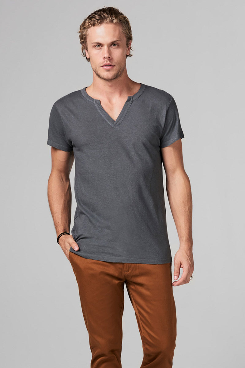 Men's Linen Blend Cross V-Neck Tee — Grey