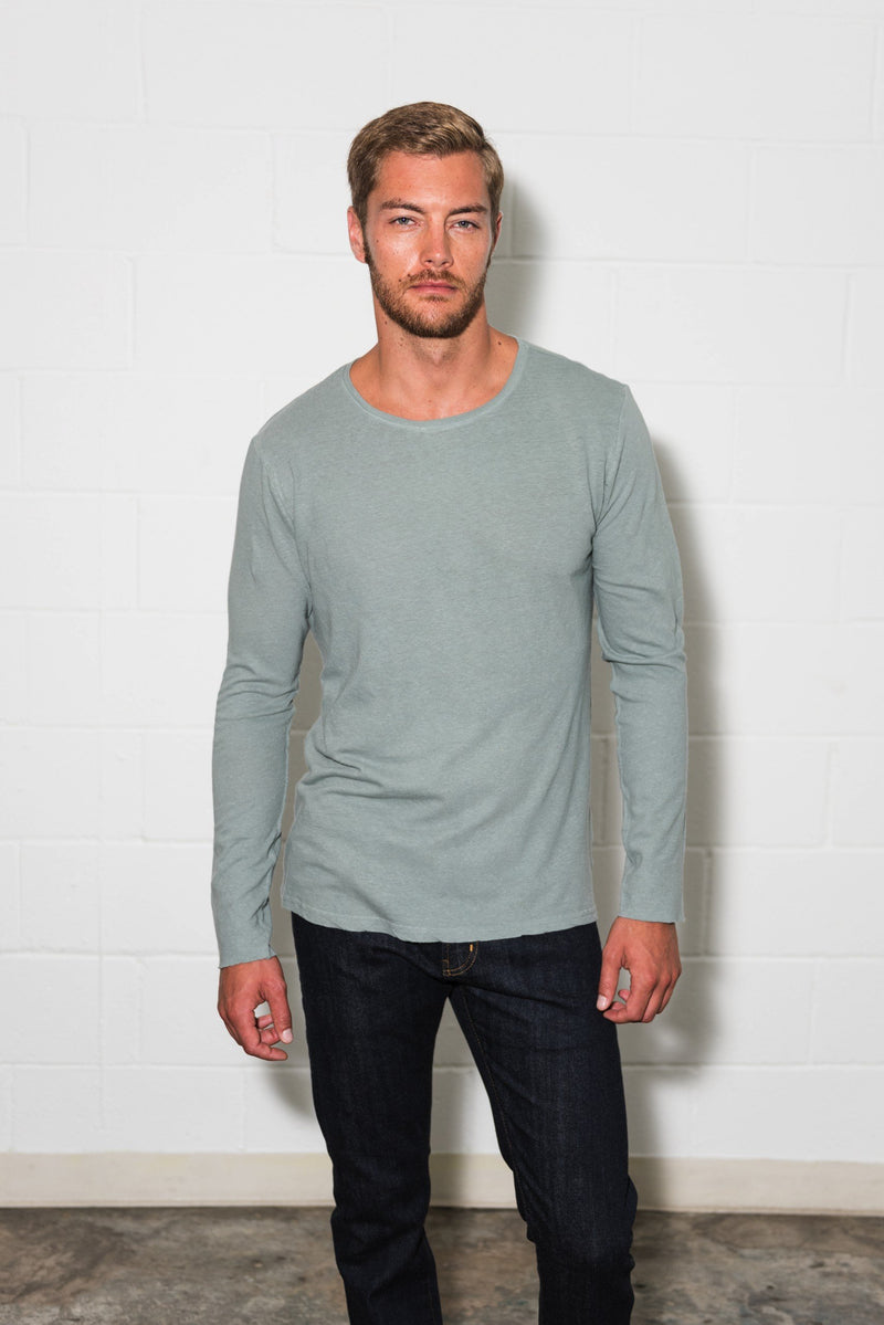 Men's Linen Blend Crew Neck Long Sleeve — Slate Blue