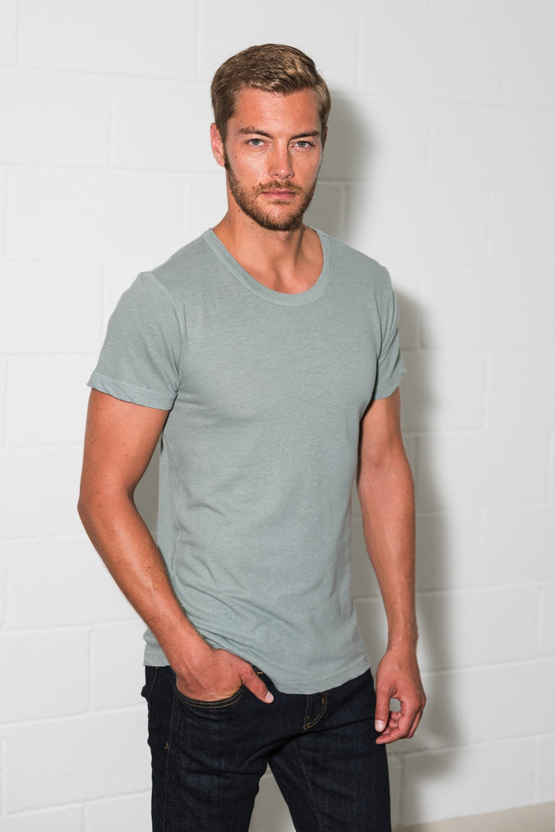 Men's Linen Blend Wide Neck Band Tee — Slate Blue