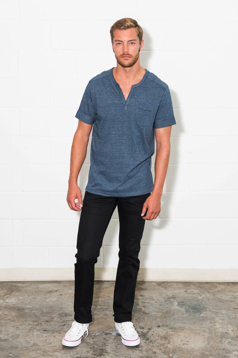 Men's Jersey Raw Neck Curved Pocket Tee — Heather Blue